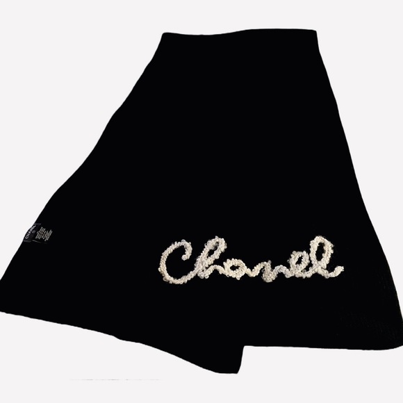NWT Chanel 100% Cashmere Black Stole Large Scarf. Embroidered Logo. White Pearls - Picture 1 of 5